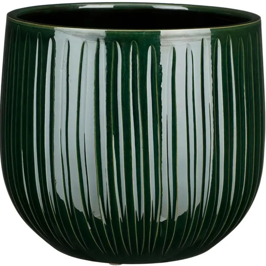 Mica Decorations Plantenpot - donkergroen - glans ribbel -27x25cm