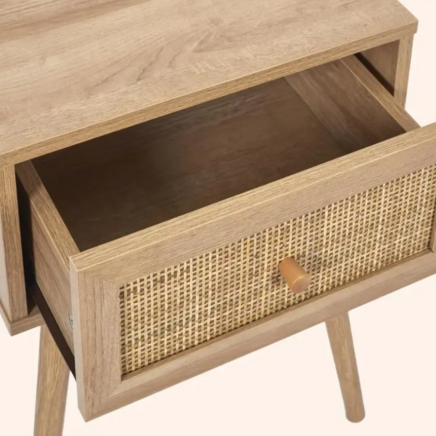 Nachtkastjes|Nachtkastjes-MISOU Nachtkastje Met Lade Rotan Webbing Hout