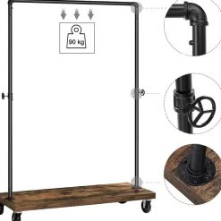 Merkloos Mobiel kledingrek - rustiek heavy-duty - 1 rail - industrieel design - bruin