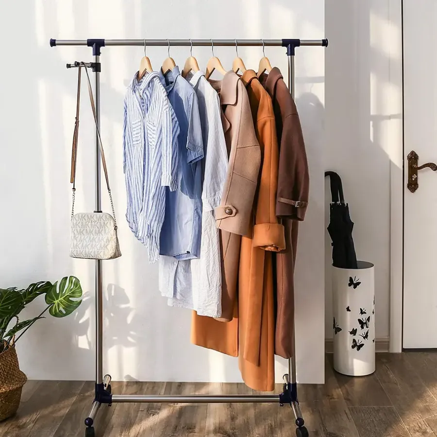 Kledingopbergers|Kledingrekken-ACAZA Mobiel kledingrek - verstelbaar - 1 rail en 2 haken - 87x165x44 cm - zilvergrijs