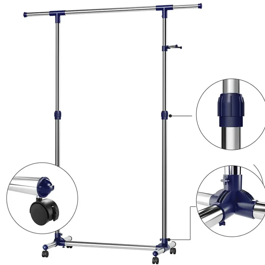 Kledingopbergers|Kledingrekken-ACAZA Mobiel kledingrek - verstelbaar - 1 rail en 2 haken - 87x165x44 cm - zilvergrijs