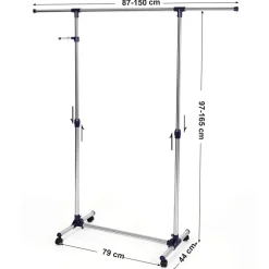 Kledingopbergers|Kledingrekken-ACAZA Mobiel kledingrek - verstelbaar - 1 rail en 2 haken - 87x165x44 cm - zilvergrijs