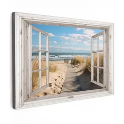 MuchoWow Canvas Schilderij 90x60cm Raam Zee Kust Natuur