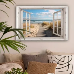 MuchoWow Canvas Schilderij 90x60cm Raam Zee Kust Natuur