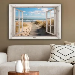 MuchoWow Canvas Schilderij 90x60cm Raam Zee Kust Natuur