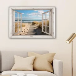 MuchoWow Canvas Schilderij 90x60cm Raam Zee Kust Natuur