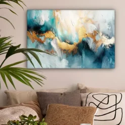 Schilderijen-MuchoWow Canvas Schilderij 90x60cm Abstract Kunst Gold Blauw