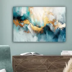 Schilderijen-MuchoWow Canvas Schilderij 90x60cm Abstract Kunst Gold Blauw