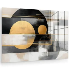 MuchoWow Glasschilderij 90x60cm Abstract Goud Zilver Vormen