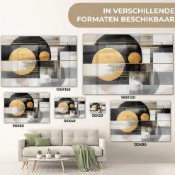 MuchoWow Glasschilderij 90x60cm Abstract Goud Zilver Vormen