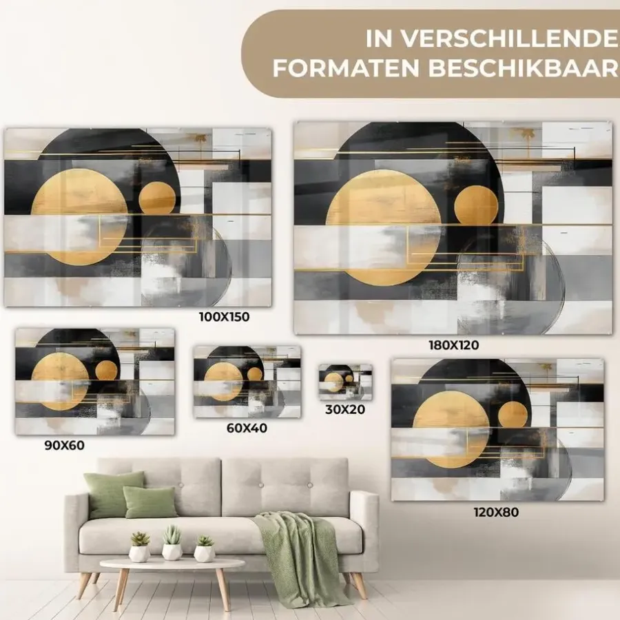 MuchoWow Glasschilderij 90x60cm Abstract Goud Zilver Vormen