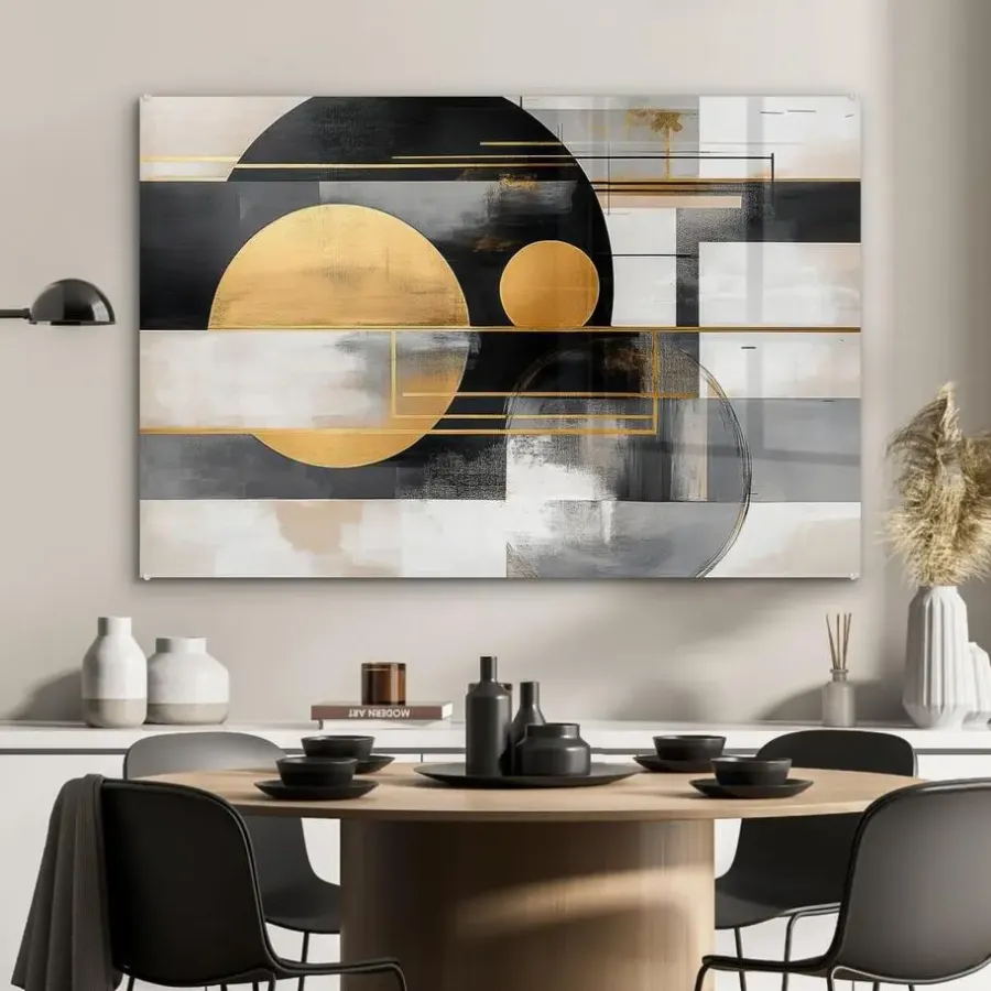 MuchoWow Glasschilderij 90x60cm Abstract Goud Zilver Vormen