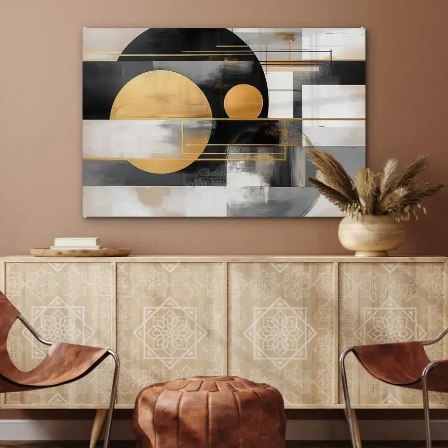 MuchoWow Glasschilderij 90x60cm Abstract Goud Zilver Vormen