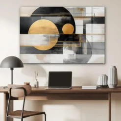 MuchoWow Glasschilderij 90x60cm Abstract Goud Zilver Vormen