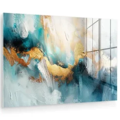 Schilderijen-MuchoWow Glasschilderij 90x60cm Abstract Kunst Gold Blauw