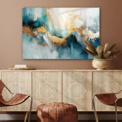 Schilderijen-MuchoWow Glasschilderij 90x60cm Abstract Kunst Gold Blauw