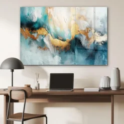 Schilderijen-MuchoWow Glasschilderij 90x60cm Abstract Kunst Gold Blauw