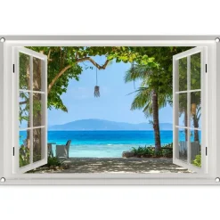 MuchoWow Tuinposter 90x60cm Doorkijk Boom Zee Palmboom