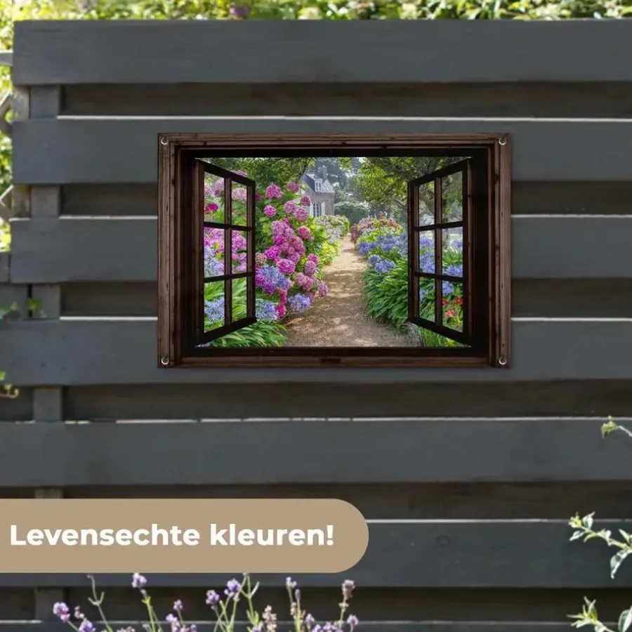 MuchoWow Tuinposter 90x60cm Hortensia Doorkijk Bloemen Paars