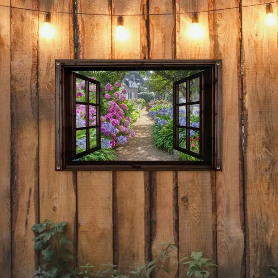 MuchoWow Tuinposter 90x60cm Hortensia Doorkijk Bloemen Paars