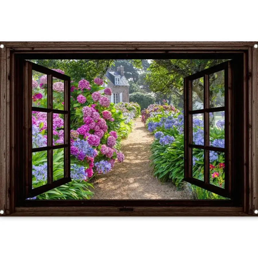 MuchoWow Tuinposter 120x80cm Hortensia Doorkijk Bloemen Paars
