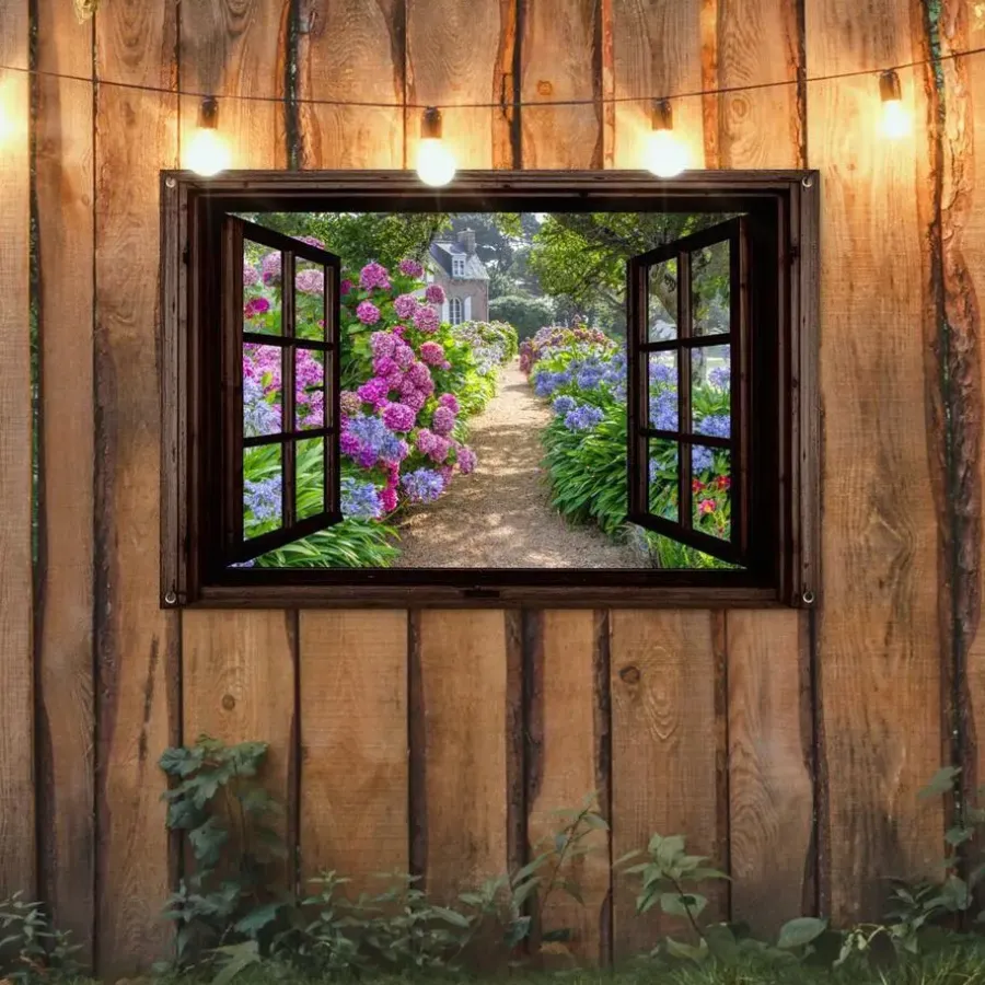 MuchoWow Tuinposter 120x80cm Hortensia Doorkijk Bloemen Paars