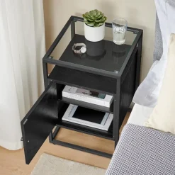 Nachtkastjes|Nachtkastjes-Merkloos Nachtkastje - Nachtkastjes industrieel - Hout en gehard glas - Zwart