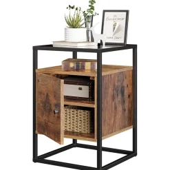 Merkloos Nachtkastje - uit hout en gehard glas - met kast - industriële stijl - Bruin