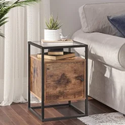 Merkloos Nachtkastje - uit hout en gehard glas - met kast - industriële stijl - Bruin