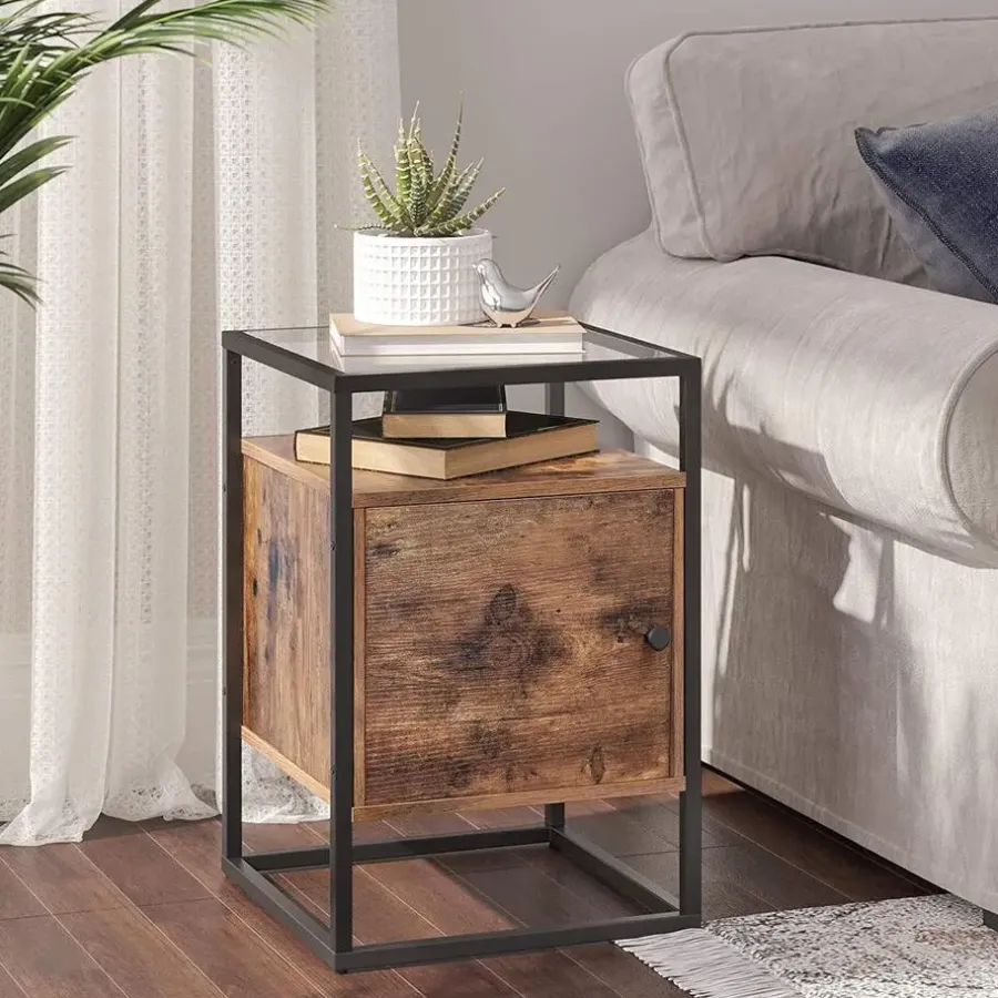 Merkloos Nachtkastje - uit hout en gehard glas - met kast - industriële stijl - Bruin