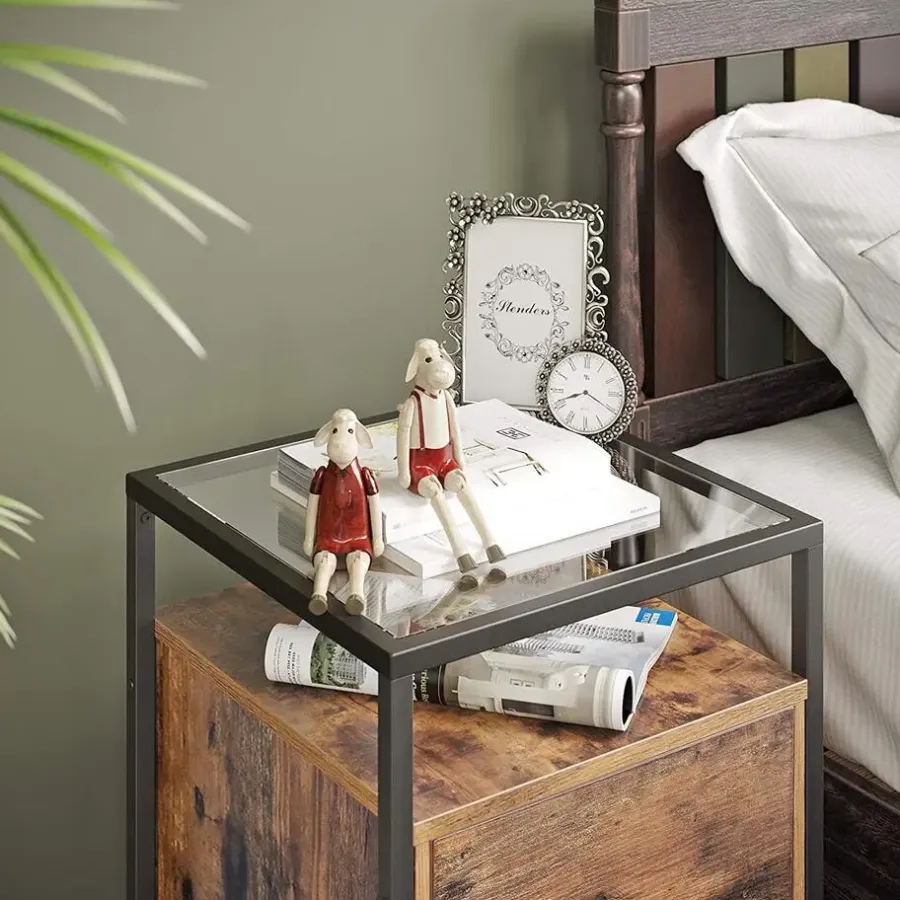 Merkloos Nachtkastje - uit hout en gehard glas - met kast - industriële stijl - Bruin