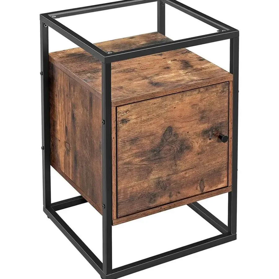 Merkloos Nachtkastje - uit hout en gehard glas - met kast - industriële stijl - Bruin