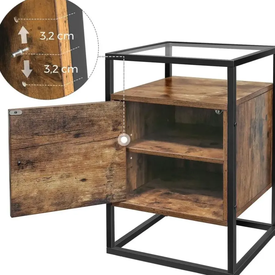 Merkloos Nachtkastje - uit hout en gehard glas - met kast - industriële stijl - Bruin