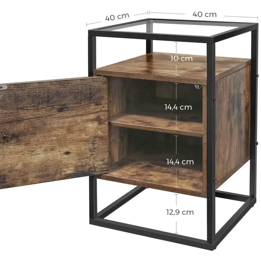 Merkloos Nachtkastje - uit hout en gehard glas - met kast - industriële stijl - Bruin