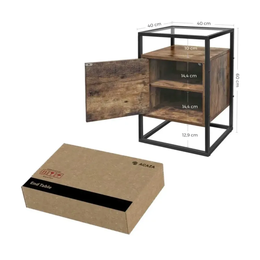 Merkloos Nachtkastje - uit hout en gehard glas - met kast - industriële stijl - Bruin