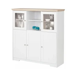 Buffetkasten-Loft24 Nanna - Kast met 2 glazen deuren en 3 deuren in wit / eiken effect