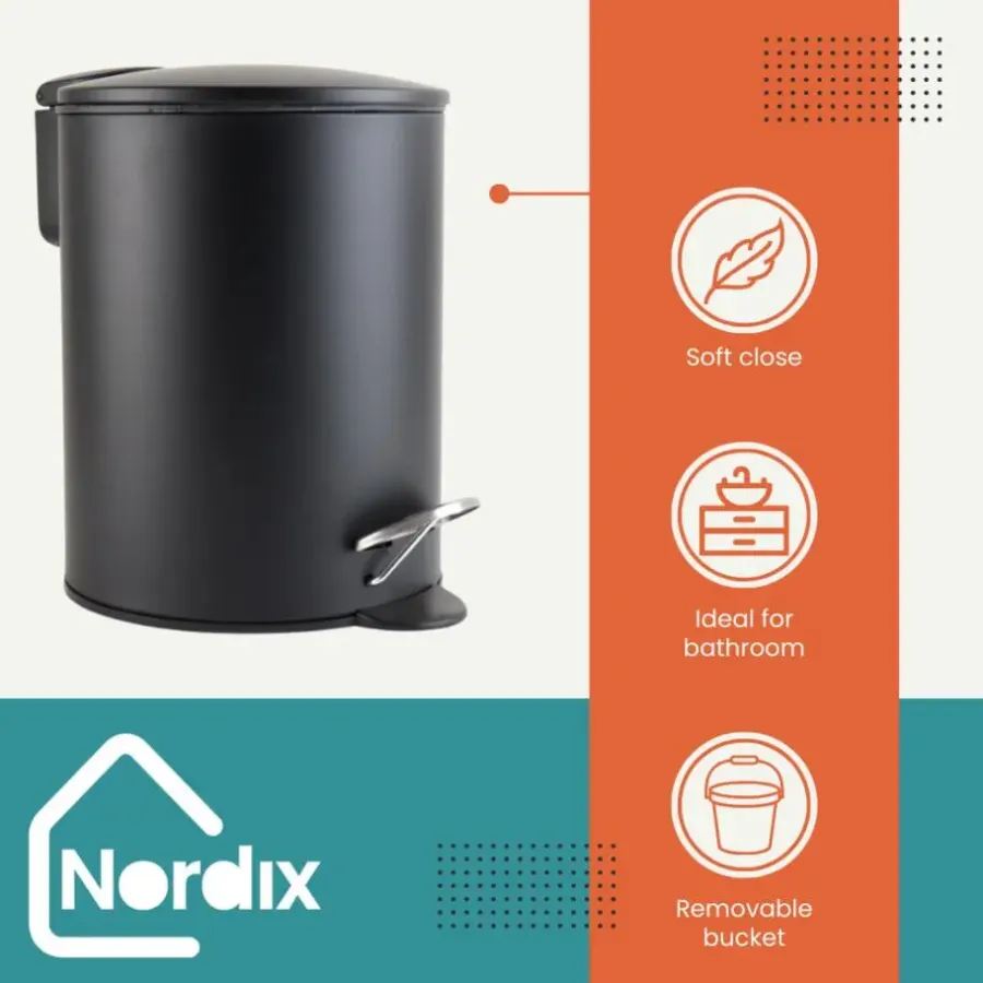 Prullenbakken-Nordix Pedaalemmer 3 Liter Badkamer Toilet Zwart Metaal