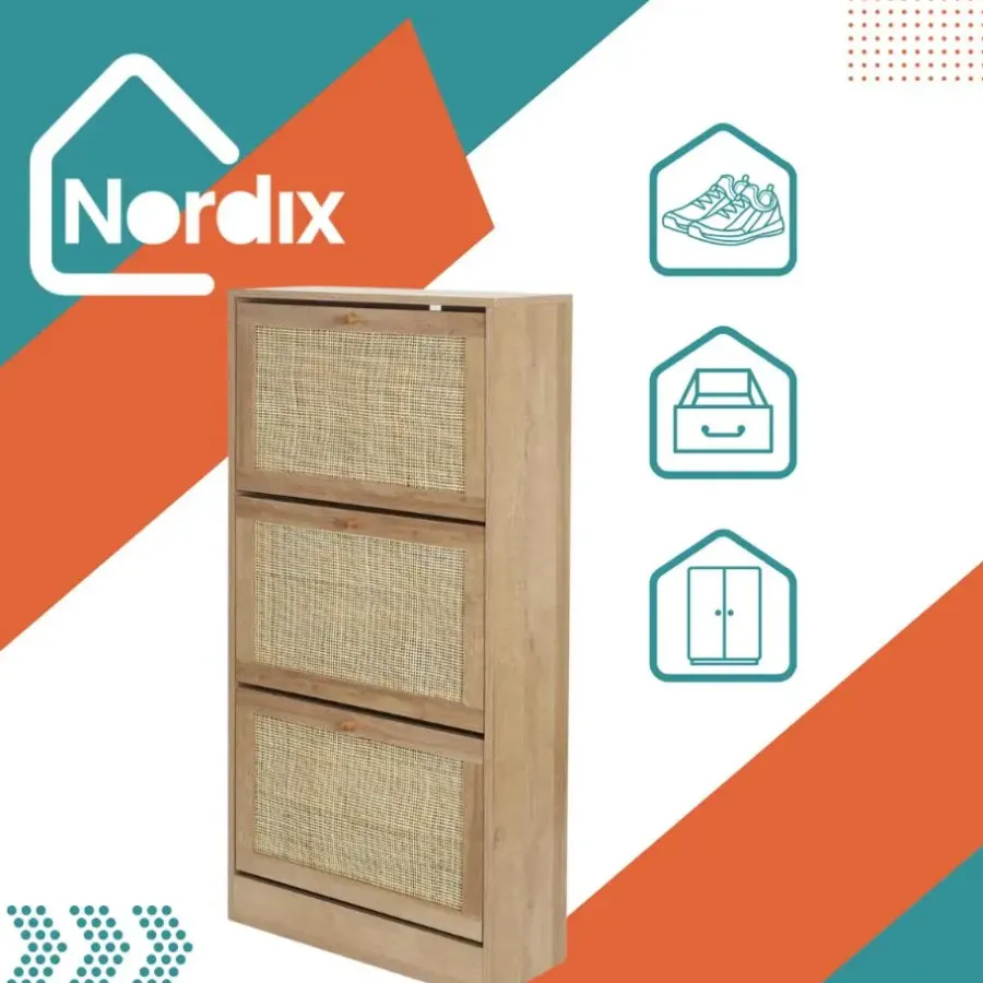 Schoenenkasten-Nordix Schoenenkast met 3 Lades Schoenen Opbergsysteem Rotan Bruin Hout