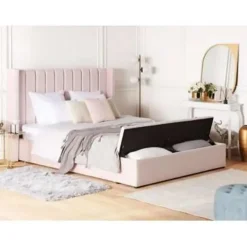 2-Persoons Bedden-Beliani NOYERS - Bed met opbergruimte - Roze - 180 x 200 cm - Fluweel