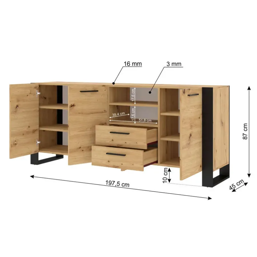 Dressoirs-Homlando NUKA D dressoir 197 cm zwart artisan eiken