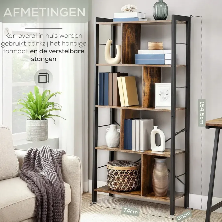 O'DADDY Industrieel Boekenkast - 74x30x150cm - Vintage Bruin/Zwart Metaal