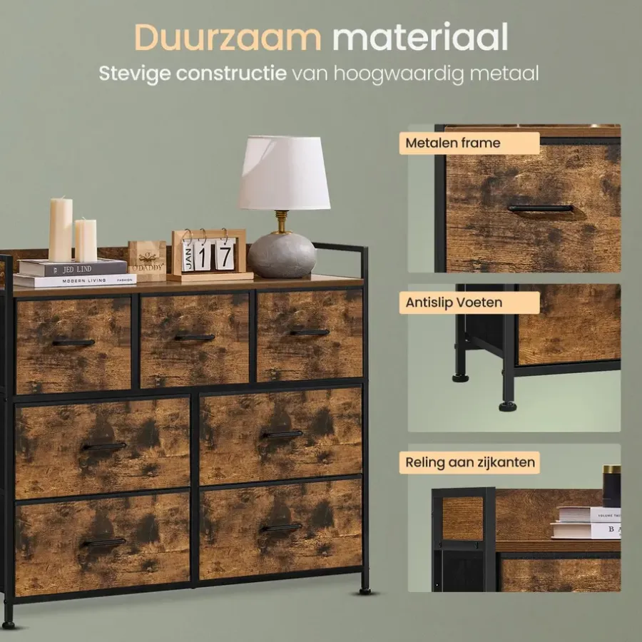 O'DADDY Industrieel Ladekast - 7 Laden - Vintage Bruin/Zwart - 28,5x98x85 cm