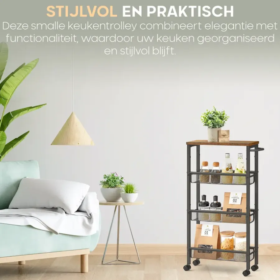 Trolleys-O'DADDY Keukentrolley - Industrieel Design - Bruin Hout/Zwart Metaal