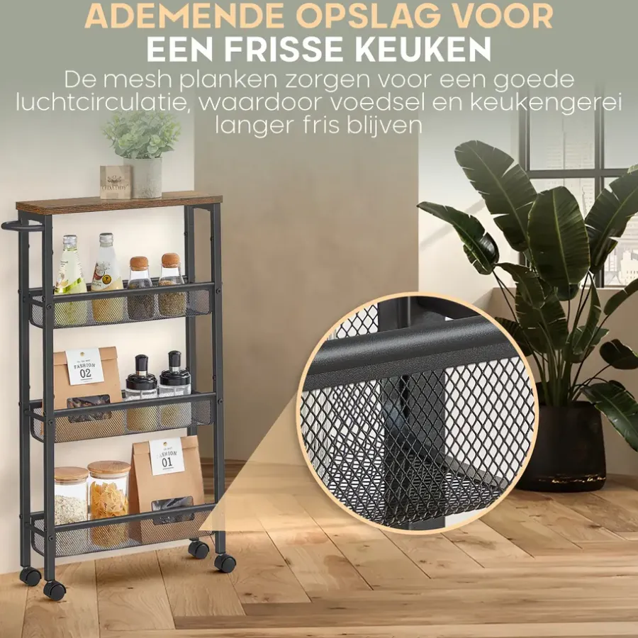 Trolleys-O'DADDY Keukentrolley - Industrieel Design - Bruin Hout/Zwart Metaal