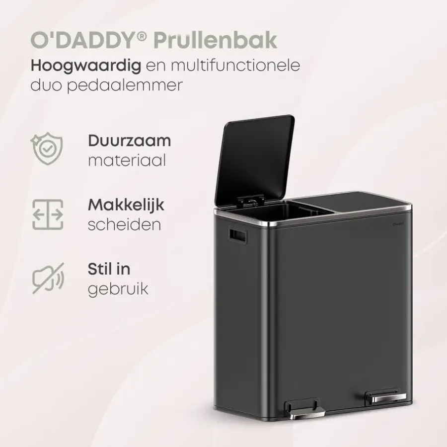 Prullenbakken-O'DADDY O’DADDY Prullenbak 60L - 2 Vakken - Voetbediening - Soft-Close - Zwart