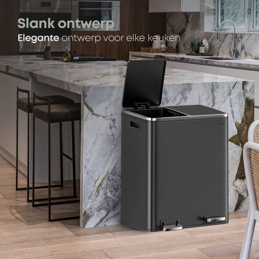Prullenbakken-O'DADDY O’DADDY Prullenbak 60L - 2 Vakken - Voetbediening - Soft-Close - Zwart