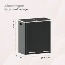 Prullenbakken-O'DADDY O’DADDY Prullenbak 60L - 2 Vakken - Voetbediening - Soft-Close - Zwart