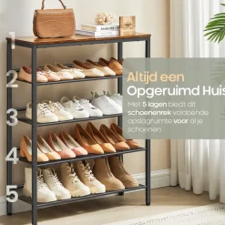 Kledingopbergers-O'DADDY Schoenenrek 5-Laags - Industrieel Design - Bruin Hout/Zwart Metaal
