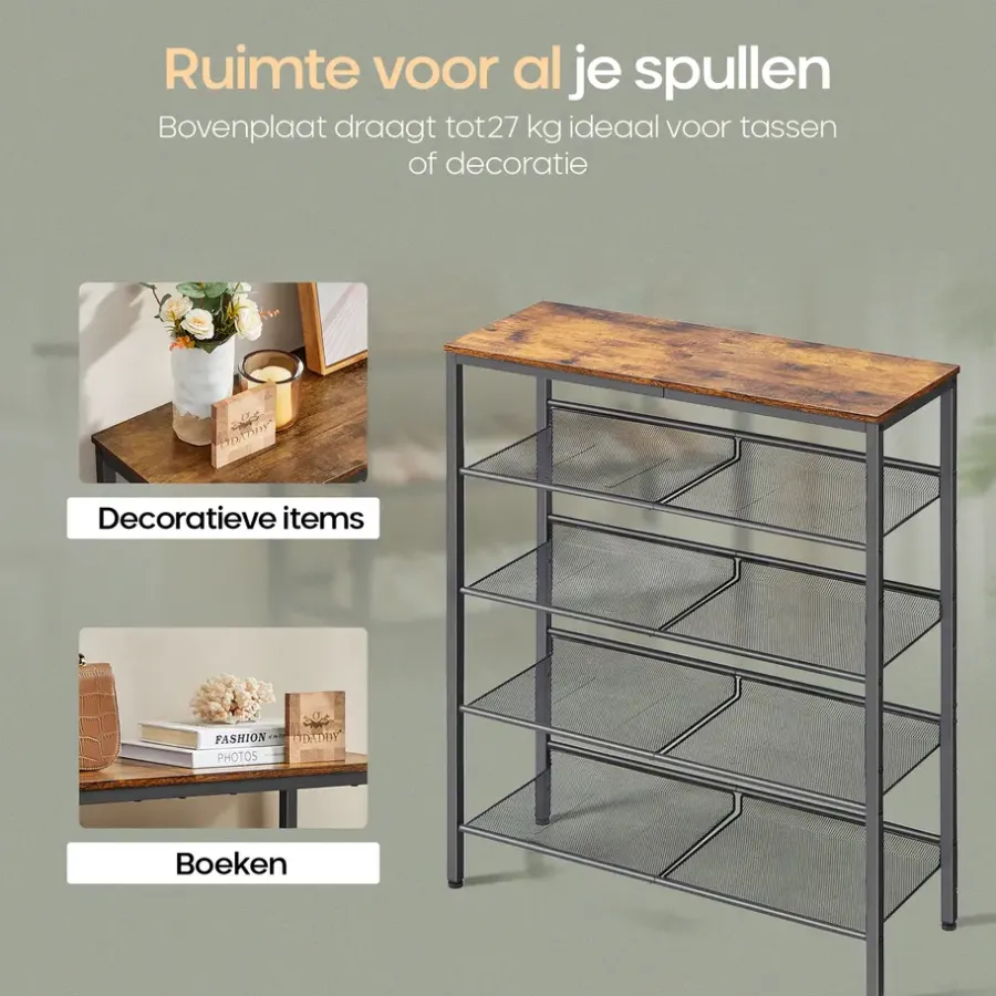 Kledingopbergers-O'DADDY Schoenenrek 5-Laags - Industrieel Design - Bruin Hout/Zwart Metaal
