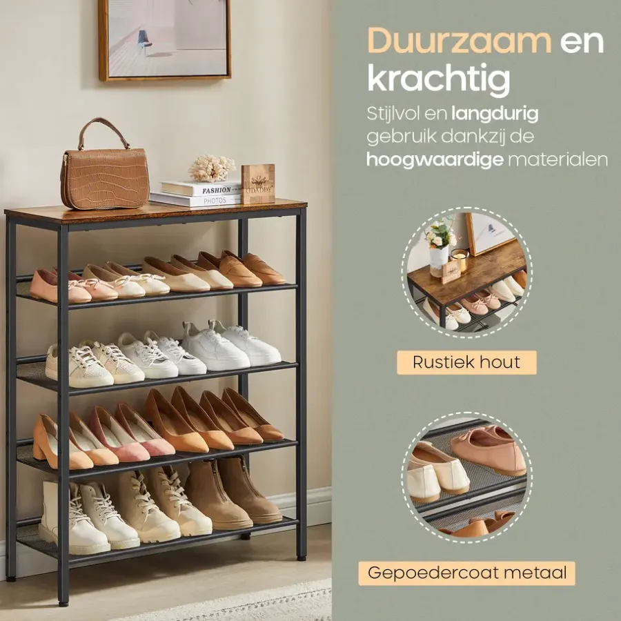 Kledingopbergers-O'DADDY Schoenenrek 5-Laags - Industrieel Design - Bruin Hout/Zwart Metaal